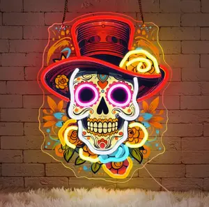 Day of the Dead Skull LED Neon Sign – USB Powered Colorful Wall Light for Halloween, Dia de los Muertos & Party Decor