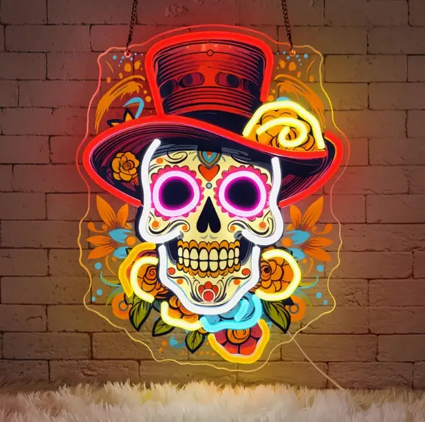 Day of the Dead Skull LED Neon Sign – USB Powered Colorful Wall Light for Halloween, Dia de los Muertos & Party Decor