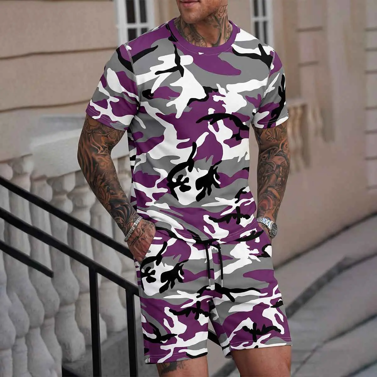 Men's 2-Piece Streetwear Set, Breathable Camouflage Print Short Sleeve T-Shirt & Shorts Outfit with Drawstring Pockets, Street Style, Menswear, Clothes, Classic, Basics, Holiday, Matching, Shortsleeve, Casual, Stylish, Fitted, Cold Wash, Fashion, Short Sl
