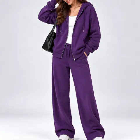 Women's Fleece-Lined Full-Zip Hoodie and Wide-Leg Pants Lounge Set Fabric Minimalist