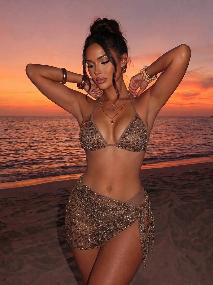 Ember x Swim SXY Women's 3-Piece Sequin Bikini Set With Cover Up,Glitter Net Fabric Swimwear For Summer,Casual,Beach,Holiday,Vacation,Holiday,Champagne Rave Outfits