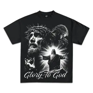 Glory To God Jesus Printed Tee Y2K Rap Streetwear T-Shirt Vintage Hip-Hop Graphic Tees Unisex Crew Neck Bold Retro Women Tops Womens Street Style Shirt Loose Fit