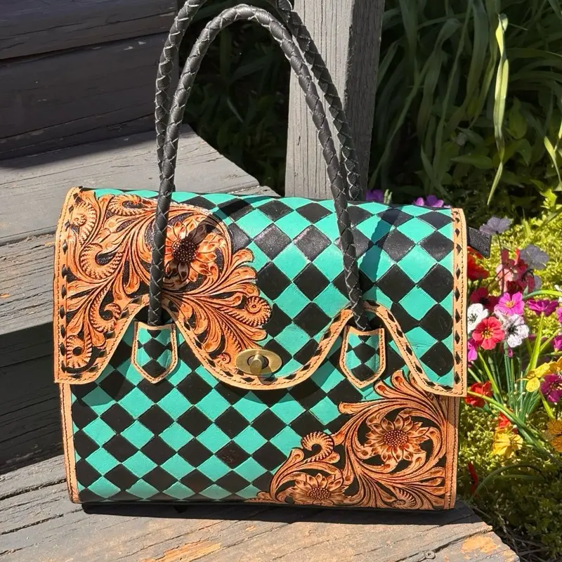 Genuine leather hand, painted tote bag with matching strap