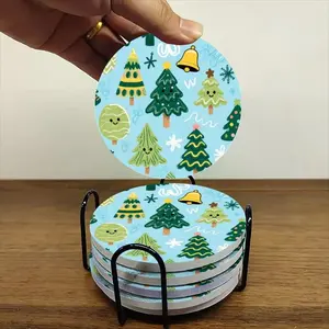 6-piece ceramic coaster set, featuring a cheerful winter Christmas tree pattern background. These heat-resistant, non-slip coasters with stands are perfect for home, dining, and beverage decoration.