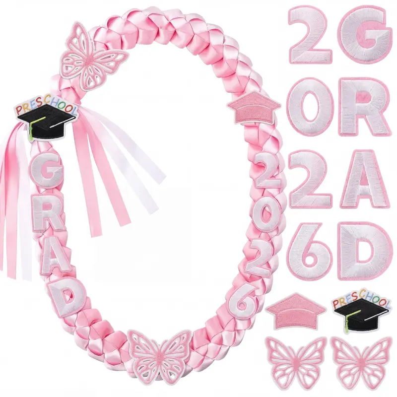 Graduation Leis Class of 2026 Preschool Graduation Gift 47 inches Ribbon Double Braided Necklace with Graduation Cap 2026 GRAD Patches Handmade Leis for School Students Teachers Boys Girls Graduation Ceremony Supplies