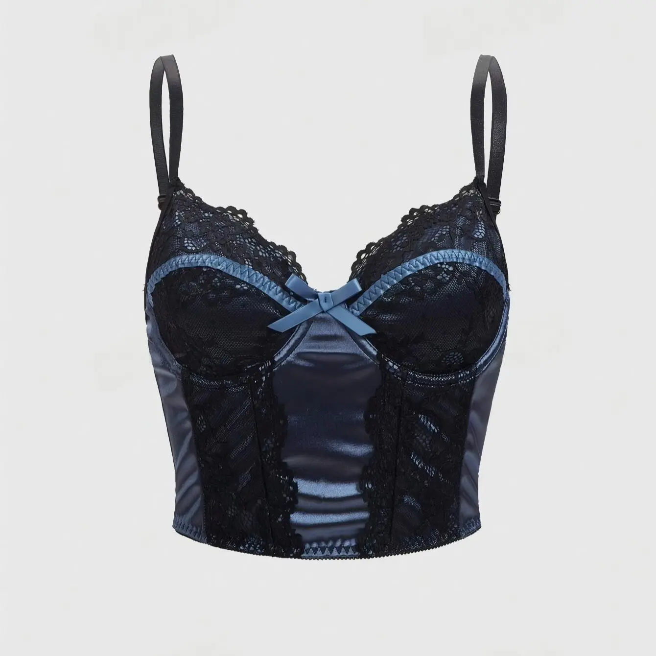 Women's Gothic Style Glossy Satin Lace Corset Cami - Casual Chic Y2K Streetwear Spaghetti-Strap Body-Hugging Short Tank Top with Front Bow Decor