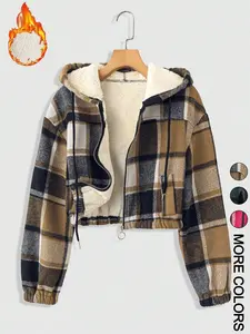 Women's Plaid Print Hooded Zipper Warm Lined Short Jacket, Long Sleeve Casual Outerwear, Fall & Winter Fashion Coat