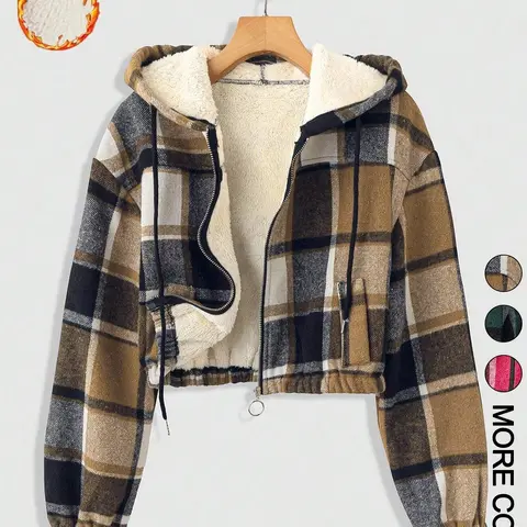 Women's Plaid Print Hooded Zipper Warm Lined Short Loose Jacket Coats, Long Sleeve Casual Outerwear for Fall & Winter
