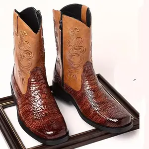 Vintage Top Cowboy Boots Plus Size Men's Western Style with Side Zipper, Comfy Non-Durable Rubber Sole Riding Shoes Fathersdaygift Footwear