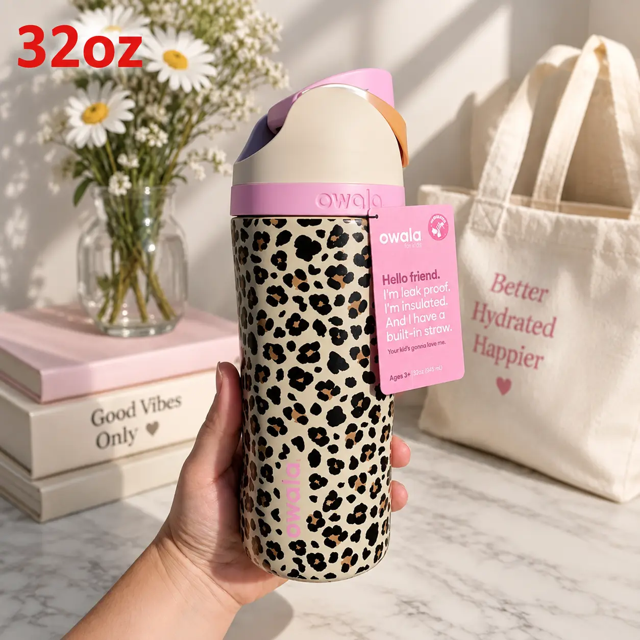 Owala FreeSip 32oz Insulated Stainless Steel Water Bottle with Straw, Cute Pink & Tan Leopard Print Aesthetic Tumbler Cup