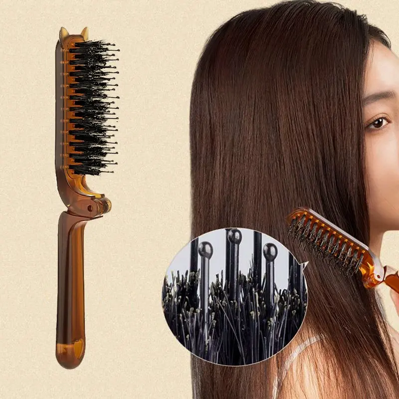 Portable Folding Hair Brush, Amber Color Travel Hairbrush for Men and Women, Mini Plastic Comb for Outdoor Use, Foldable Comb