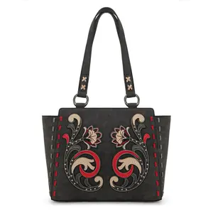 Montana West Floral Embroidery Tote Bag with Studs & Saddle Stitch Detail
