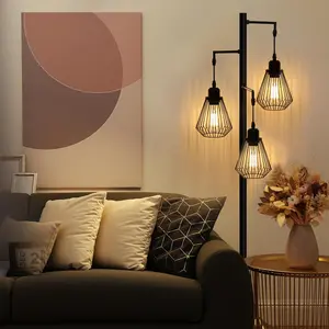 Industrial Floor Lamp for the Living Room, Farmhouse-Style Floor Lamp with 3 Hanging Teardrop Shades, 172.72 cm Modern Rustic Floor Lamp with Tread Switch, Suitable for Bedroom, Office, and Home Decor, Black