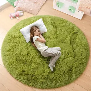 Round Rug 5X5 Feet Fluffy Soft Area Rugs for Kids Girls Room Princess Castle Plush Shaggy Carpet Cute Circle Nursery Rug for Kids Girls Bedroom Baby Room Home Decor Green Non-Slip Bottom Design