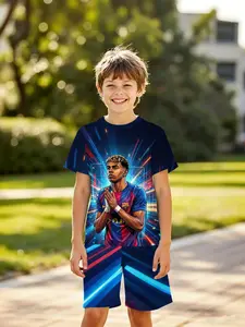 Boys' 3D Short Sleeve Set, Barcelona Player Ymarsson Hands Together, Outdoor Wear, Holiday Gift, Birthday Present, 2026 World Cup