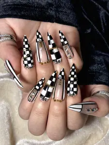 CHECKERMATE | Luxury Gothic Press On Nails | Black & White Checker Gold Accent Fake Nails | High Fashion Edgy Aesthetic | Long Stiletto Rhinestone Set 2026