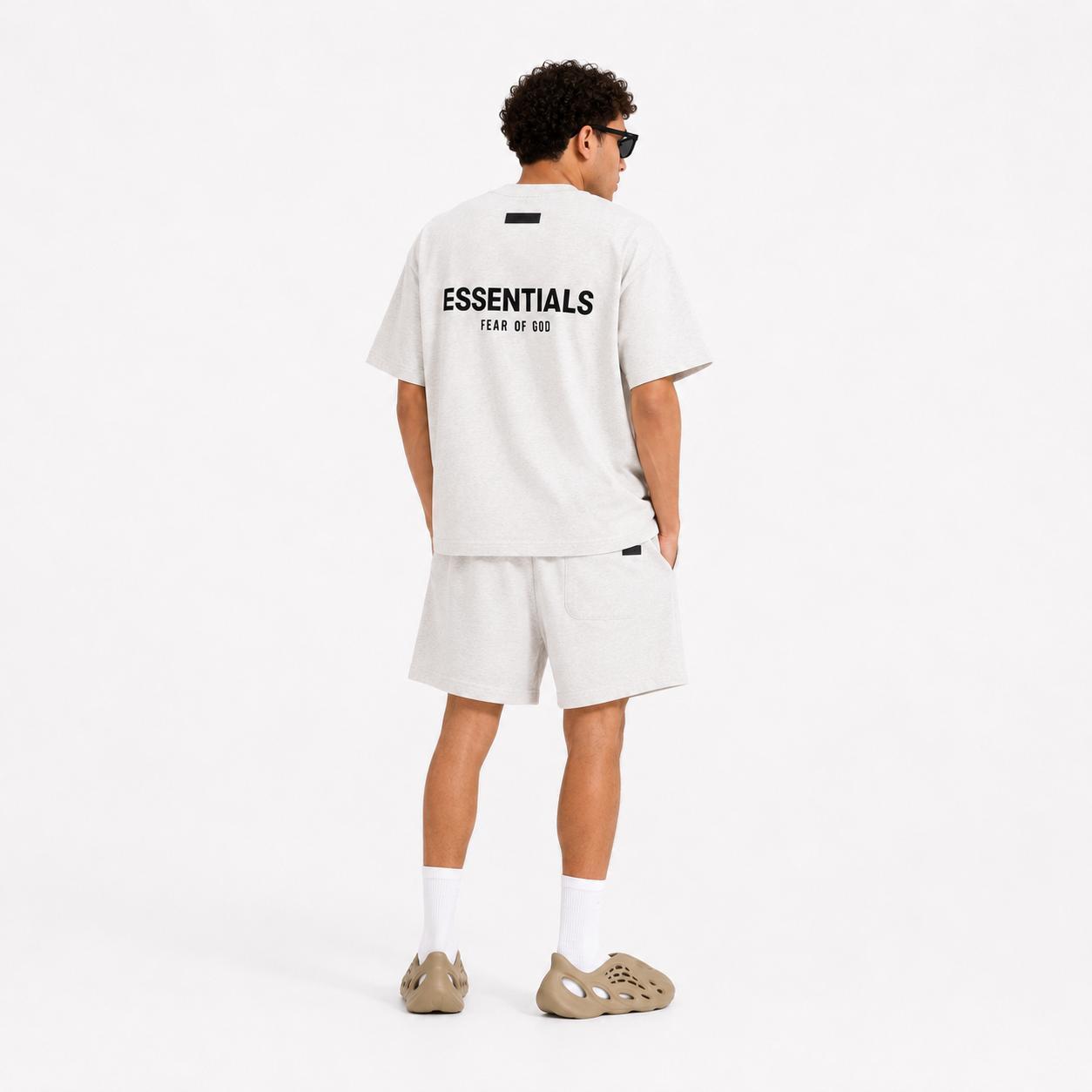 (Tee and Shorts) Fear of God Essentials T-shirt & Shorts Set Stretch Light Oatmeal OVER SIZE Casual Wear Comfortable Fit Simple Design Versatile Everyday Wear Menswear Tops Crewneck ShortSleeve Light
