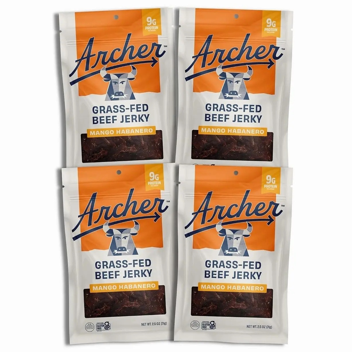 Country Archer Grass-Fed Beef Jerky - Beef Snack Pack Bulk, Individual Bags, Protein Snack, Gluten Free, Paleo - Mango Habanero, 2.5 Oz (4 Pack)