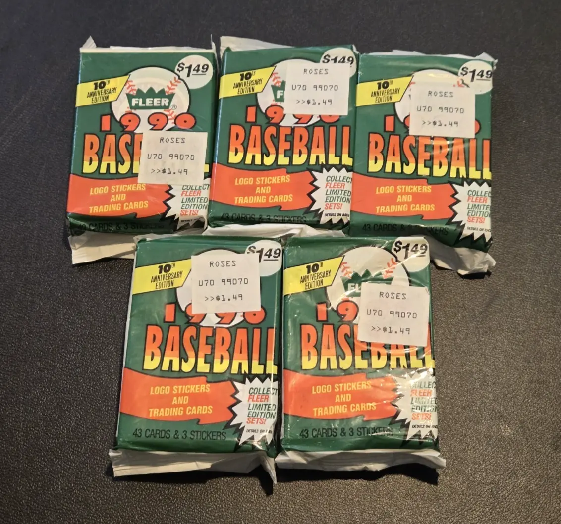 Lot of 5 Fleer 1990 Baseball Fat Packs Sealed – 215 Cards + 15 Stickers