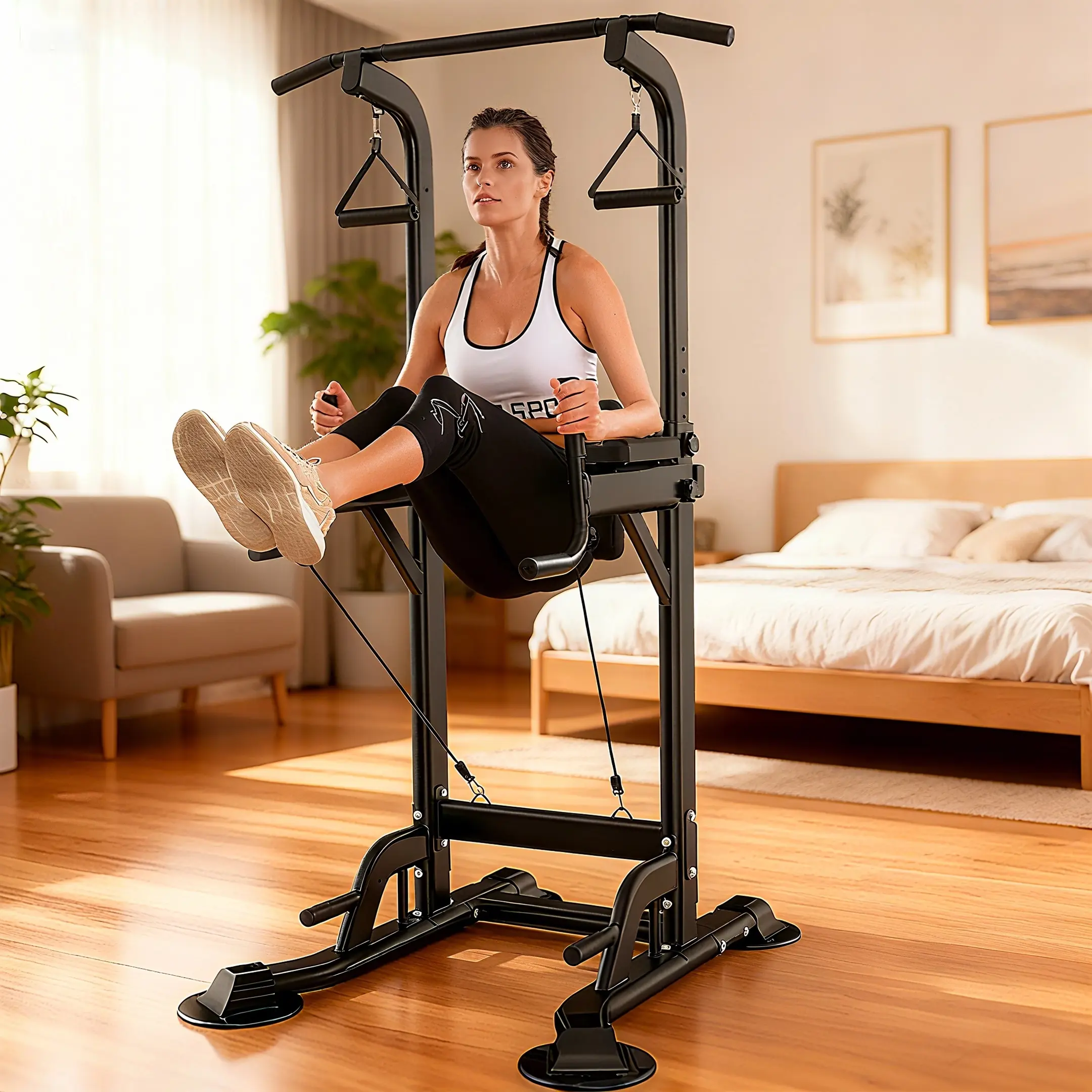 Adjustable Height Power Tower Pull Up Bar & Dip Station, Home Gym Strength Training Workout Exercise Equipment, Multi-Function, Improve Fitness