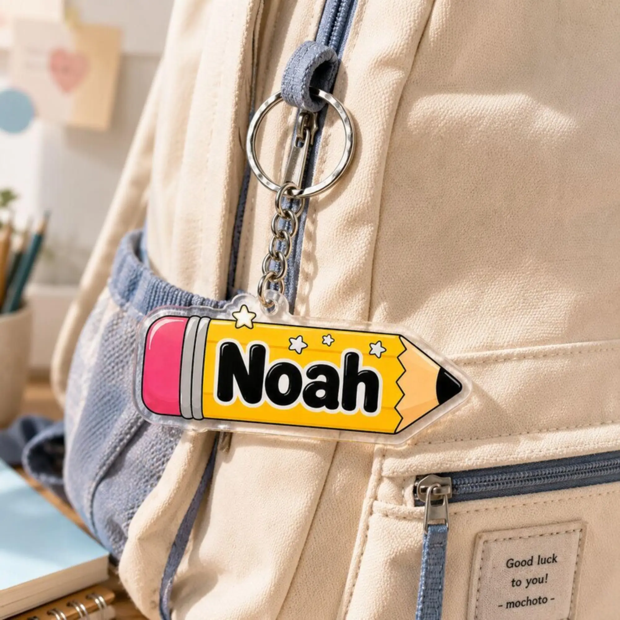 Custom Pencil Name Keychain, Back to School Backpack Charm, Personalized Kindergarten Bag Tag, Cute Acrylic Keyring for Students, Toddler School Gift