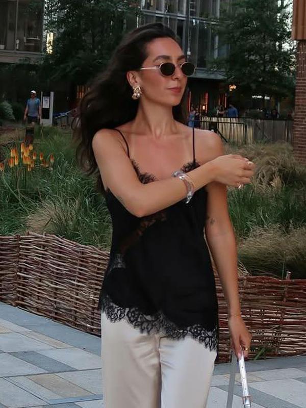 Women Summer Lace Asymmetrical Top Tanks & Camis Sleeveless Top With Open Back Crisscross Back Tank Cute Camisole Street Style Casual Tops Black Yellow Slip Top Vacation Spot Party Blue Top