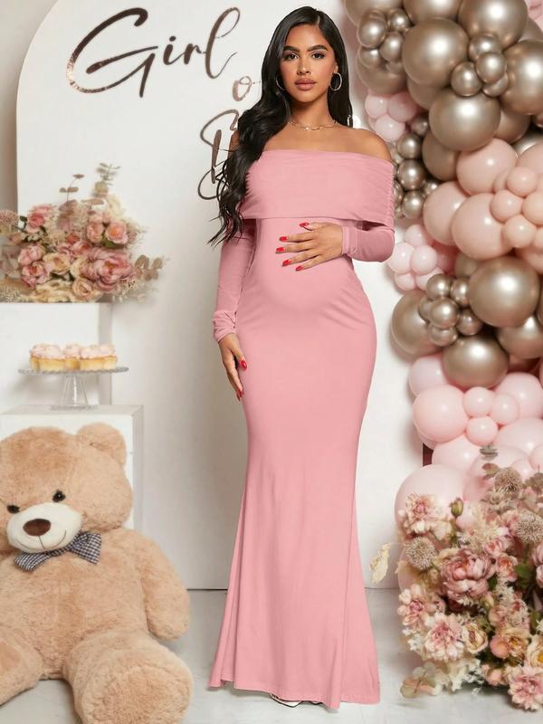 Solid Color off Shoulder Maternity Dress, Stylish Comfortable Design for Expecting Moms, Perfect for Baby Showers or Casual Outings, Maternity Clothing Solid Color off Shoulder Maternity Dress, Stylish Comfortable Design for Expecting Moms, Perfect for Baby Showers or Casual Outings, Maternity Clothing