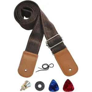 Ukulele Strap Cotton Linen Adjustable Uke  Strap with Picks Lock Button End Pin for Soprano Concert Tenor Baritone (Coffee)