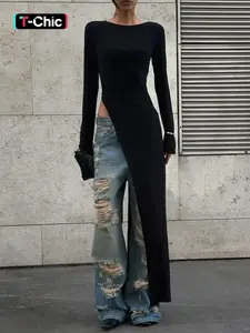 Women's Plain Basic Asymmetrical Split Hem Longline Top, Elegant Casual Slim Fit Fitted Long Sleeve Top for Spring & Fall, Women's Clothing for Daily Wear, Womenswear