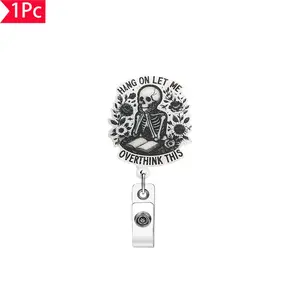 Overthink This Skeleton Glitter Badge Reel, Edgy Fun ID Clip, Perfect for Personality Lovers, Unique Accessory for Stylish Badge Decoration, Retractable Badge Reel