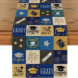 1 PC, Plaid Congrats Diploma Cap Stars Graduation Table Runner, Fireworks Holiday Kitchen Dining Table Runners For Home Party Decor	