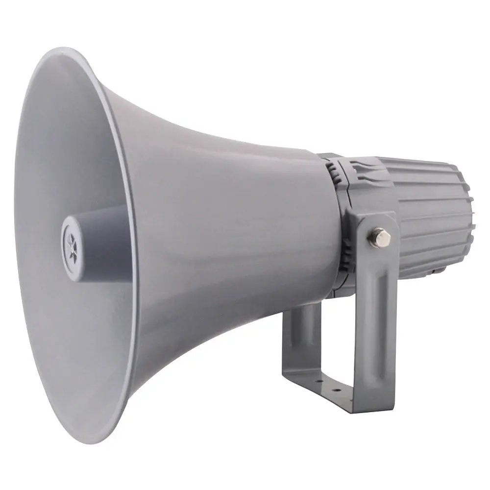 60W Horn PA Speaker, Grey Aluminum Housing, Wall Mount with Bracket & Hardware, 70V/100V Audio System, Transformers, Frequency Range: 400 Hz-5 kHz, Indoor/Outdoor Use