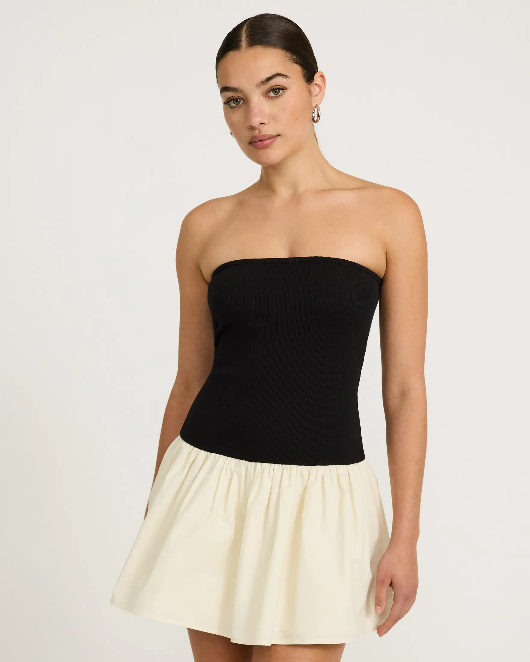 Express Stretch Cotton Color Block Mixed Media Drop Waist Mini Dress, Style, Casual