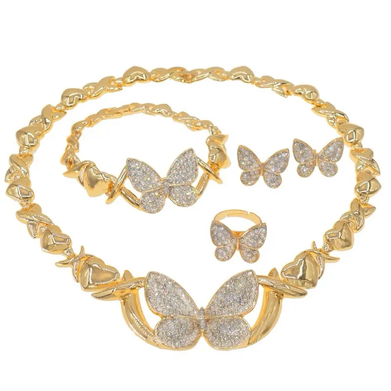 14K Gold Plated 4 Piece Set Necklace Bracelet Ring Earrings with Butterfly Design Jewelry Set