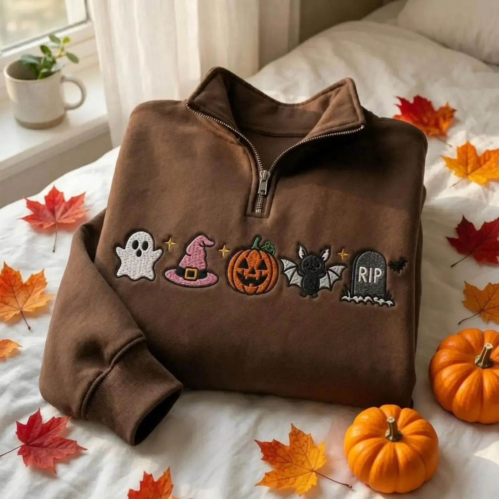 [Made in US] Halloween Quarter Zip Sweatshirt, Ghost Witch Pumpkin Bat Pullover, Spooky Season Sweater, Fall Graphic Tee, Halloween Gift