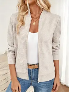Women's Plus Size New Coat Simple Casual Style Solid Color Zipper Stand Collar Long Sleeve Jacket, Fashionable Outerwear for Daily Wear