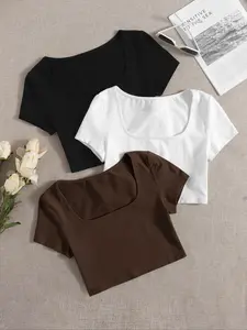 3-Pack Square Neck Crop Tops - Basic Jersey Solid Color Short Sleeve Tees