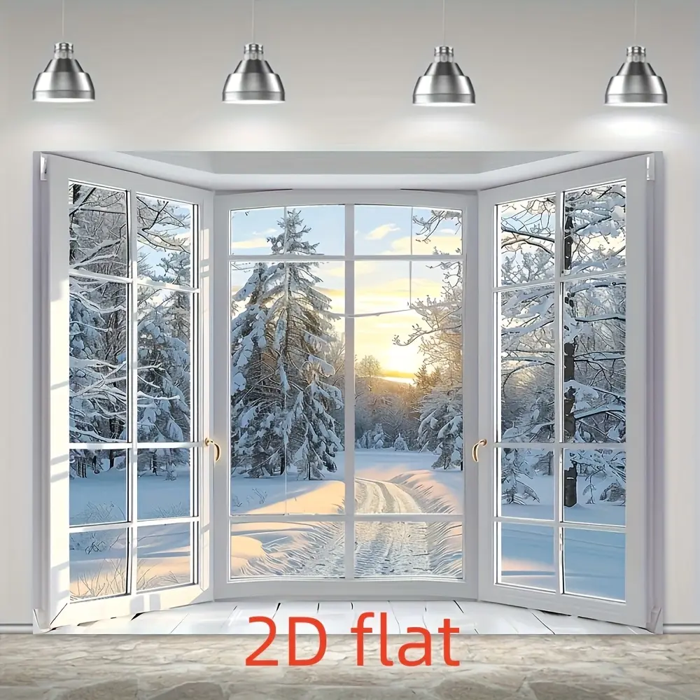 2D Flat Polyester Magical Christmas Winter Wonderland Window View Backdrop - Indoor Backdrops for Party Decorations Ornaments, Indoor Snowscape Photography Banner, No Electricity Required