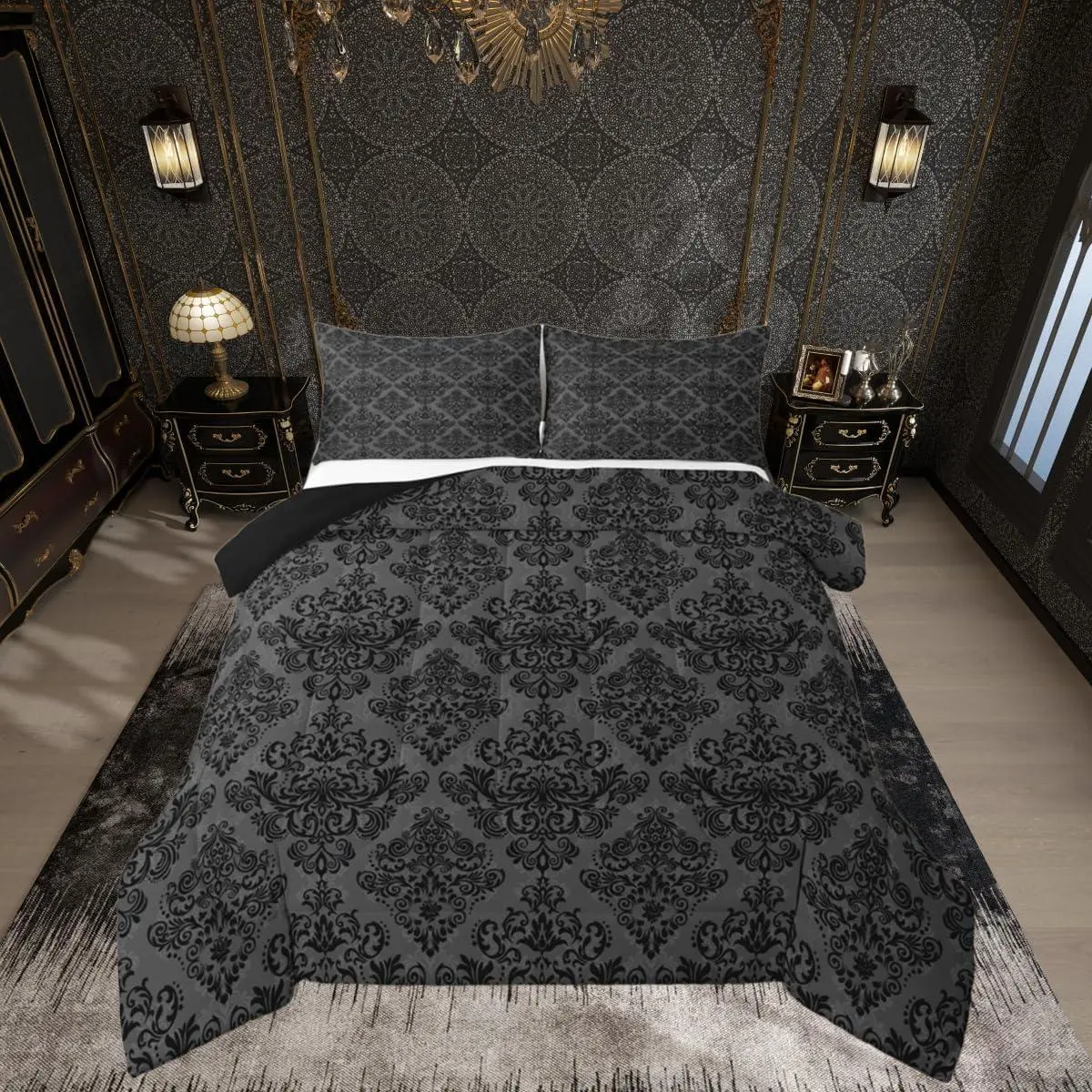 Damask Bedding Set Soft for Boys Girls,Floral Printed Comforter Set Jacquard Duvet Quilt Microfiber Bohemian Damask Print Bedroom Decor