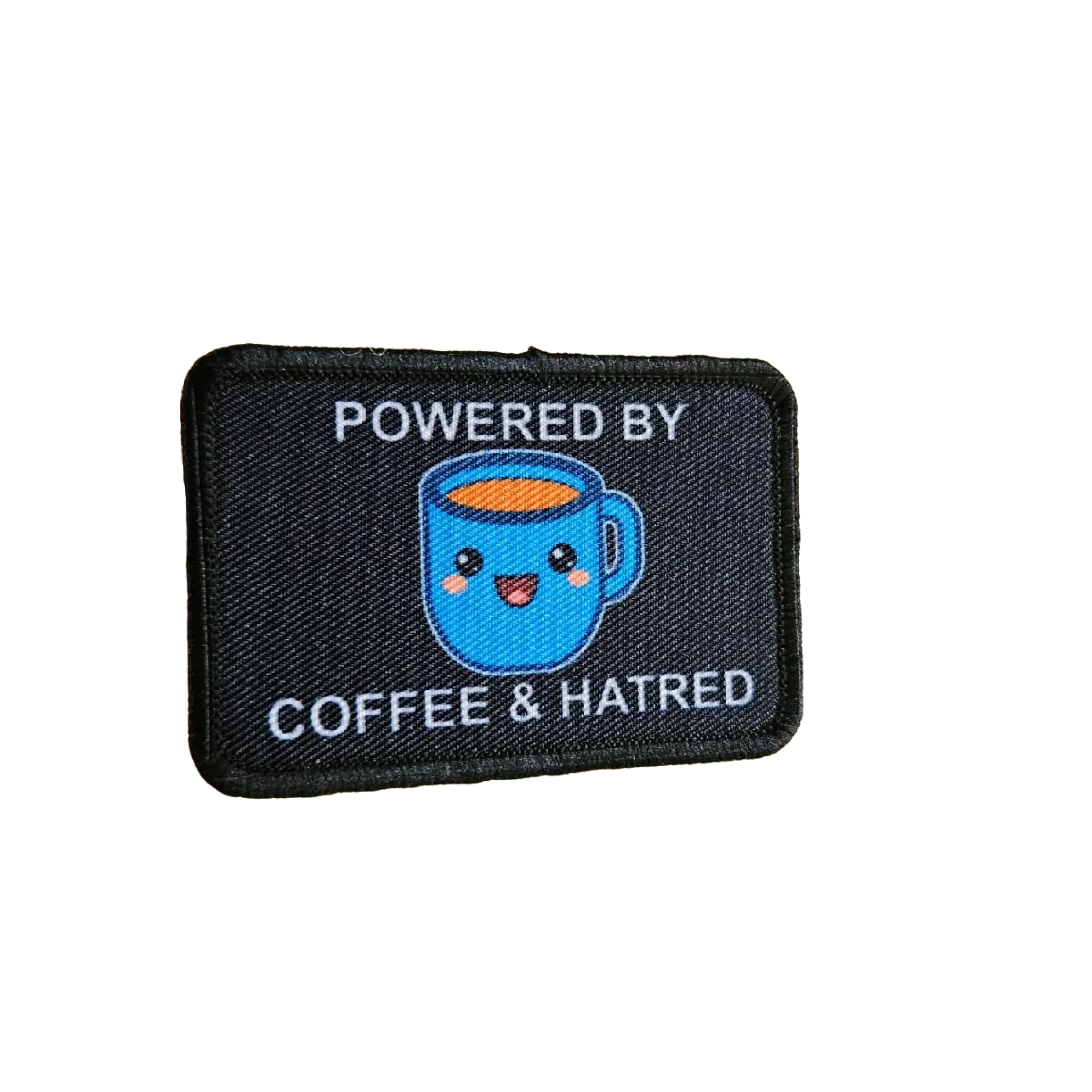 Powered by coffee and hatred meme 2"x3" removable morale patch with hook and loop backing