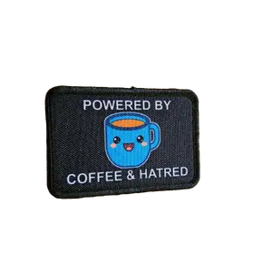 Powered by coffee and hatred meme 2"x3" removable morale patch with hook and loop backing Powered by coffee and hatred meme 2"x3" removable morale patch with hook and loop backing