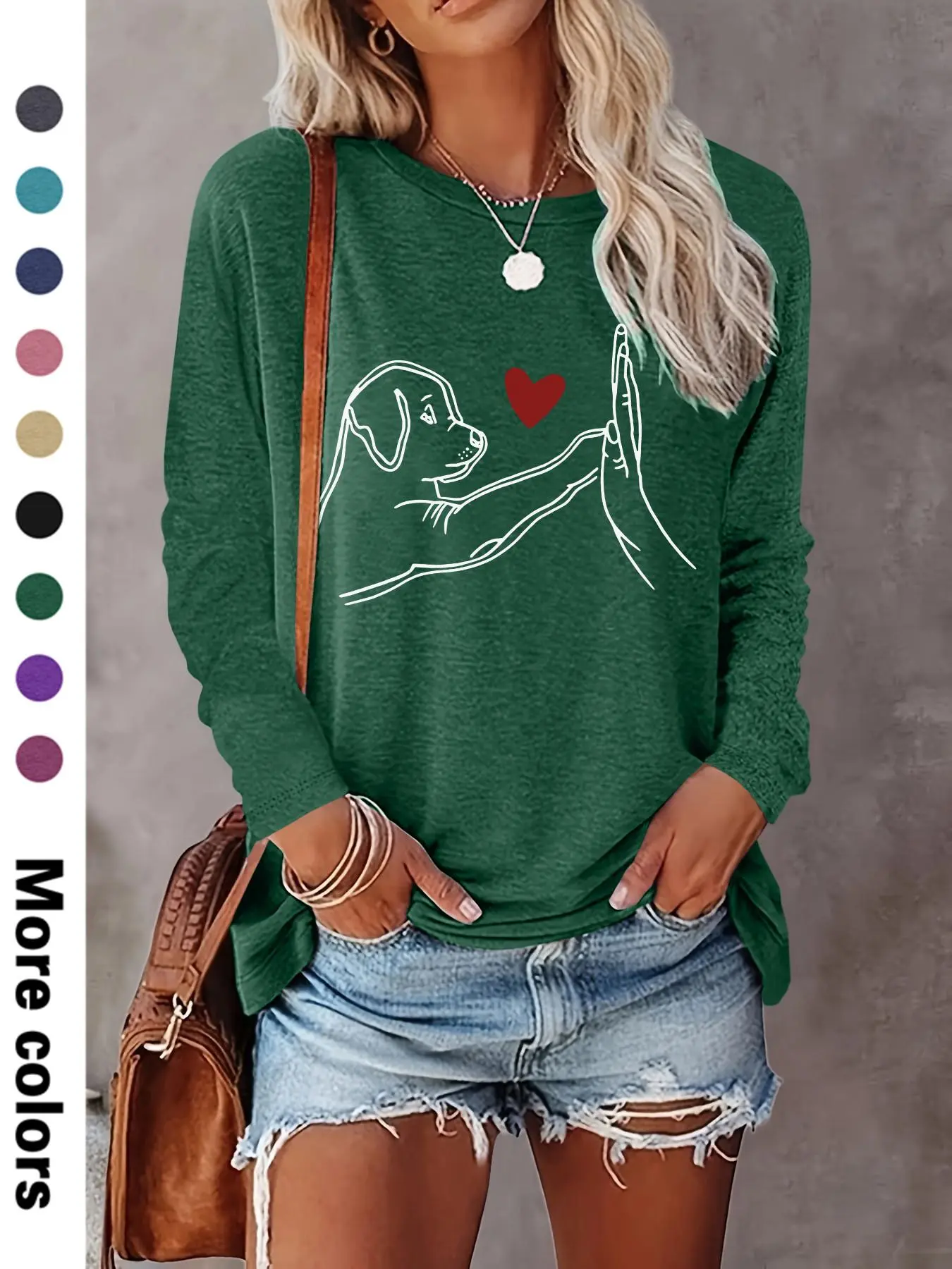 Women's Dog & Hand Print Round Neck Sweatshirt, Casual Long Sleeve Crew Neck Pullover for Fall & Winter, Fashion Women's Top for Daily Wear, Casual Pullover Tops, Graphic Sweatshirts