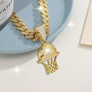 Unisex Basketball Hoop Cuban Link Necklace Iced Out Sports Pendant Hip Hop Streetwear Jewelry Sparkling Chain for Daily Casual and Game Day Wear