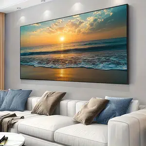 1 Piece Sunrise Beach Canvas Art, 27.55inch x 55.11inch Frameless Modern Panoramic View - Sunset Over Ocean Waves, Warm Sunlight Reflection, Suitable for Living Room, Bedroom or Office Decoration, Bedroom Wall Art |   Calm Room Decoration |   Frameless Ca