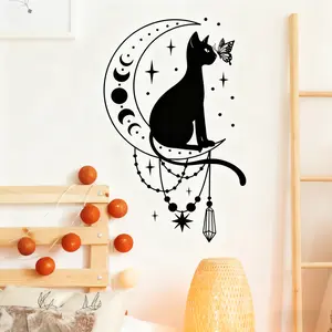1 piece of cat on the moon wall art decoration wall sticker, moon stars kitten, suitable for living room, bedroom, bathroom, home decoration, art atmosphere, strip and stick. Christmas holiday party. Atmosphere decoration. Wall Art Stickers