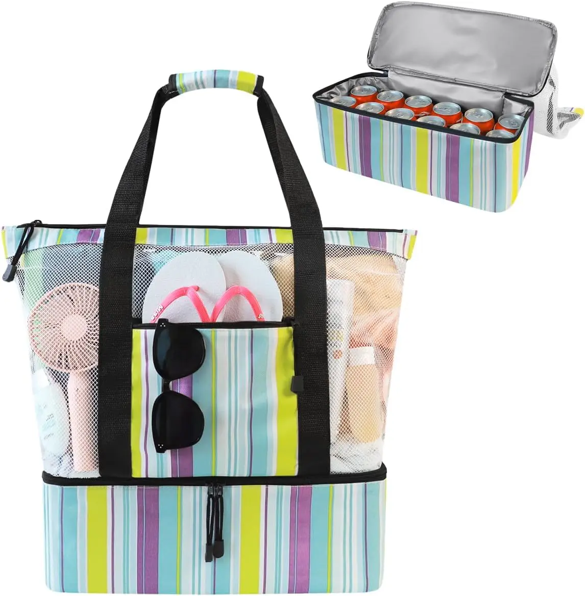 Mesh Beach Bag with Cooler Compartment for Women, 2-in-1 Print Travel Tote 30L with Zipper and Pockets, Pool PicnicGift.