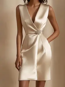 Elegant Satin Deep V Neck Bodycon Dress, Sleeveless Waist Decor Short Gown, Party Prom Evening Formal Wear Name Brand Style, Slimming Fashion Design Womenswear