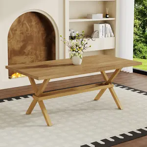 71 Inch Dining Table Light Wood, MDF Splicing Desktop for 6-8 People, Modern Minimalist Kitchen Table with X-Shaped Metal Legs, Large Rectangular Table for Dining Room Home Furniture Gift