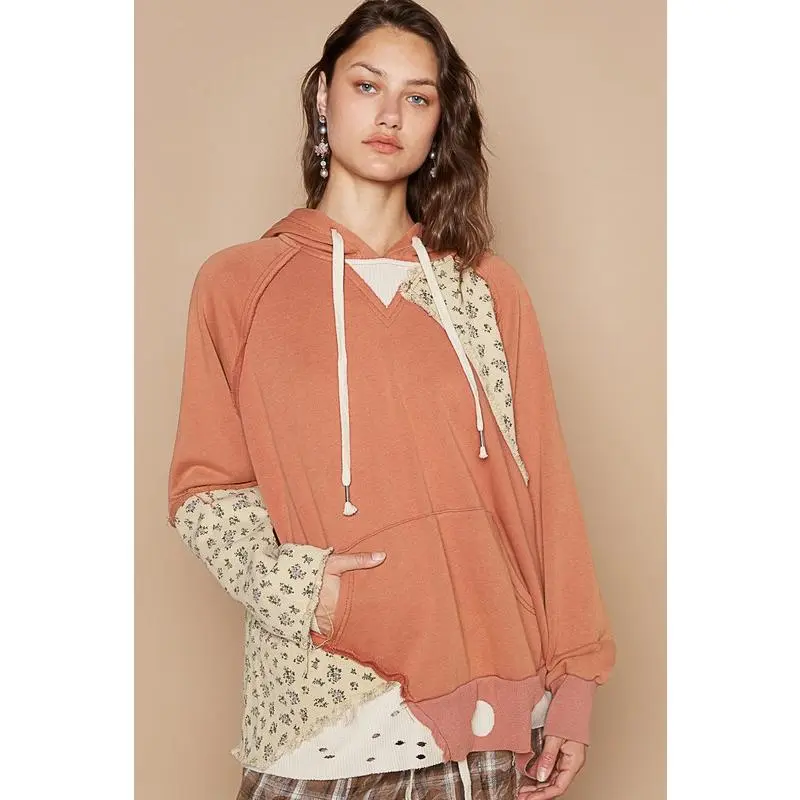 POL Floral Patchwork Distressed Drawstring Hoodie
