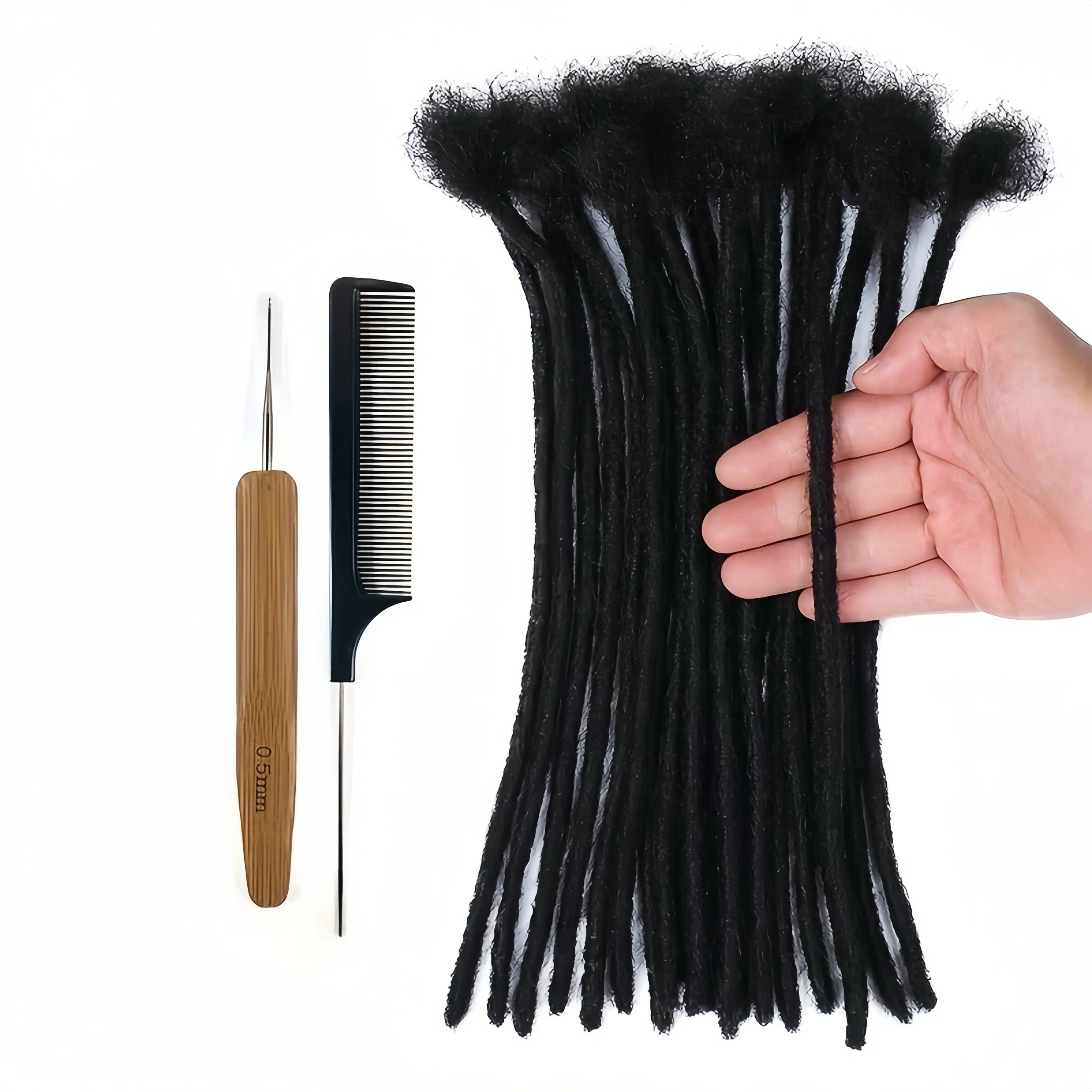Dreadlock Extensions, 100% Real Human Hair Handcrafted Crochet, 4-12 Inch, 0.4-0.8cm, Adds Volume for a Natural Look with Free Hook & Rat Tail Comb